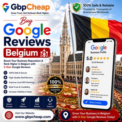 GbpCheap Buy Google Reviews Belgium promotional banner featuring Brussels landmark, Belgian flag, Google Business Profile 5-star reviews, local SEO and business reputation benefits