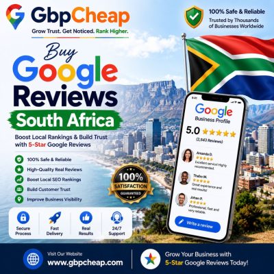Buy Google Reviews South Africa – Professional Google Business Profile Marketing Banner with South Africa Flag and Cape Town Skyline by GbpCheap