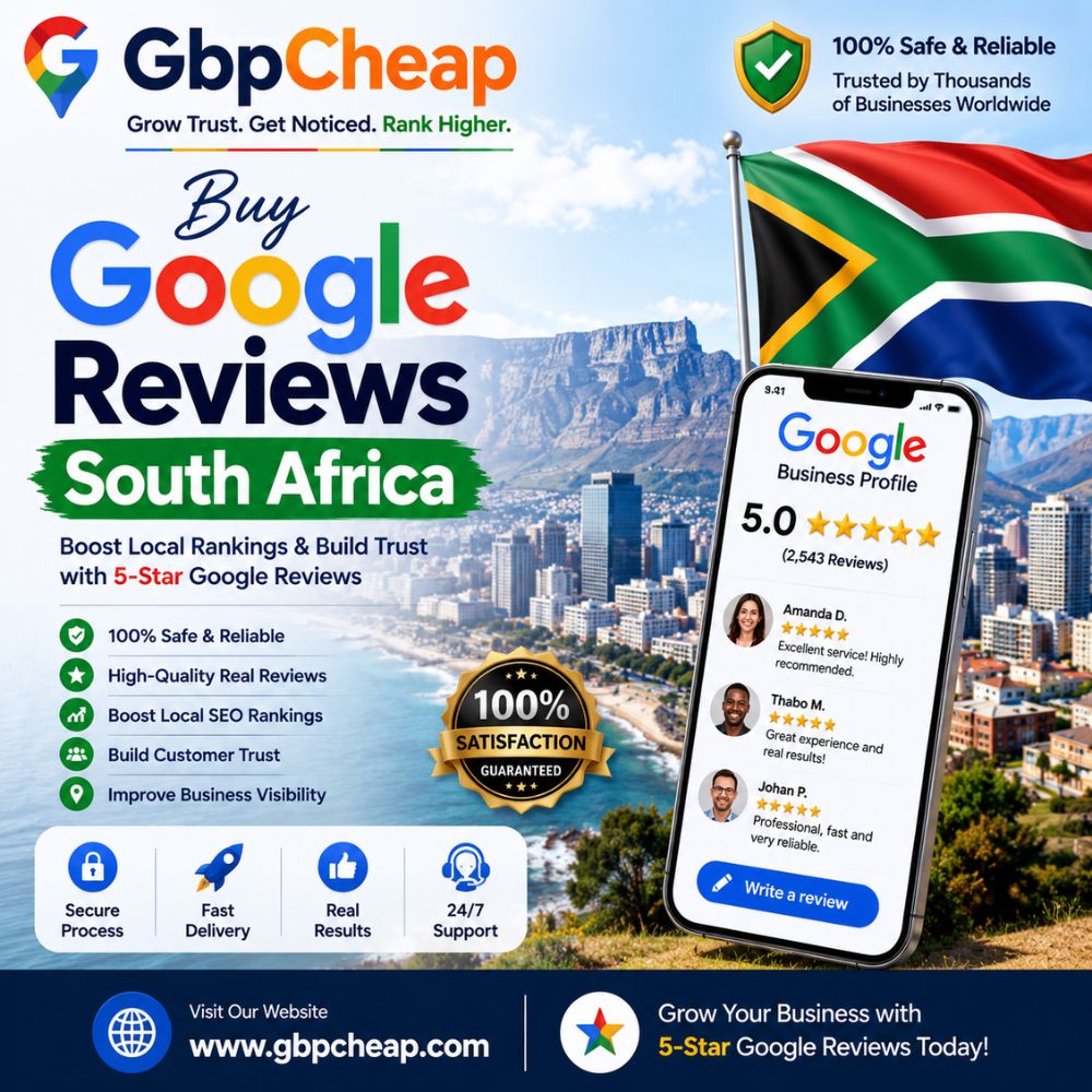 Buy Google Reviews South Africa 1 Buy Google Reviews South Africa – Professional Google Business Profile Marketing Banner with South Africa Flag and Cape Town Skyline by GbpCheap