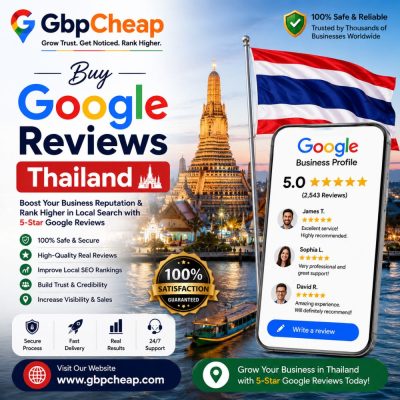 GbpCheap Buy Google Reviews Thailand promotional banner featuring the Thailand flag, Bangkok temple background, Google Business Profile 5-star reviews, local SEO ranking, business reputation, and customer trust