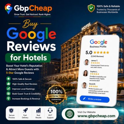 GbpCheap Buy Google Reviews for Hotels promotional graphic featuring a luxury hotel background, Google Business Profile 5-star reviews, hotel reputation and local ranking benefits, secure process, fast delivery, 24/7 support, and www.gbpcheap.com
