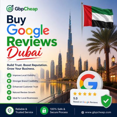 Buy Google Reviews Dubai with reliable and trusted service featuring Burj Khalifa, Dubai skyline, UAE flag, and GbpCheap branding.