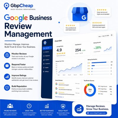 GbpCheap Google Business Review Management dashboard showing review monitoring, customer feedback analytics, rating growth tracking, and reputation management tools for local businesses