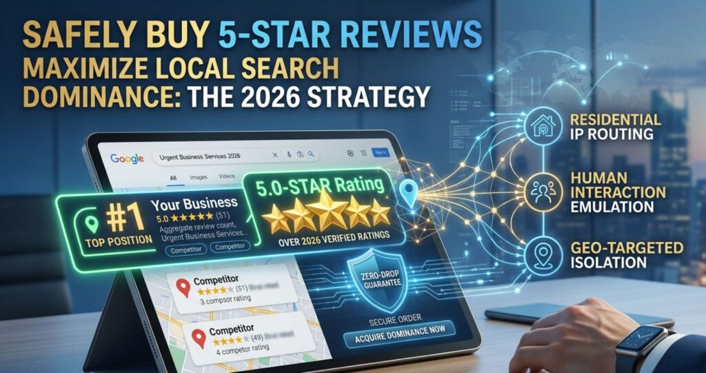 How to Safely Buy 5-Star Reviews to Maximize Your Local Search Dominance: The 2026 Strategy 4 Safely buy 5-star reviews to maximize your local search dominance in 2026 playbook showing residential IP routing and #1 top position on Google Maps.