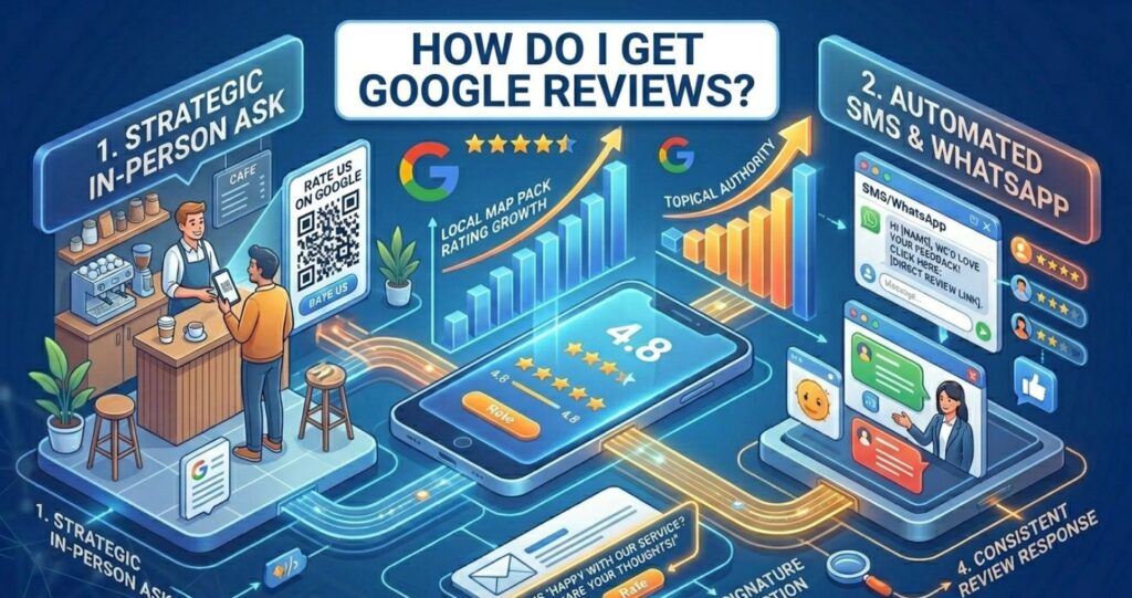 How Do I Get Google Reviews? 10 Proven Strategies for Local Businesses 6 Infographic explaining how do I get Google reviews with local SEO strategies and GbpCheap branding.