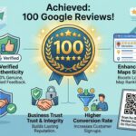 Infographic showing the benefits of achieving 100 Google Reviews for local business SEO growth