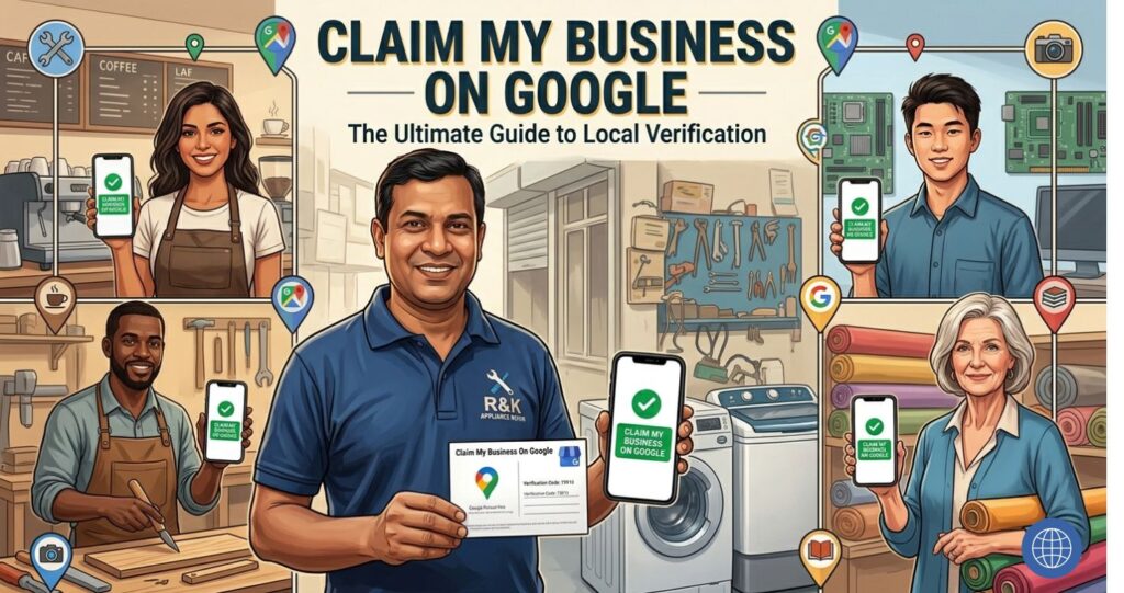 Claim My Business on Google: The Ultimate SEO Guide for Local Ranking 5 A diverse group of small business owners showcasing verified Google Business Profile screens on smartphones and a postcard to claim my business on google.