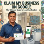 A diverse group of small business owners showcasing verified Google Business Profile screens on smartphones and a postcard to claim my business on google.