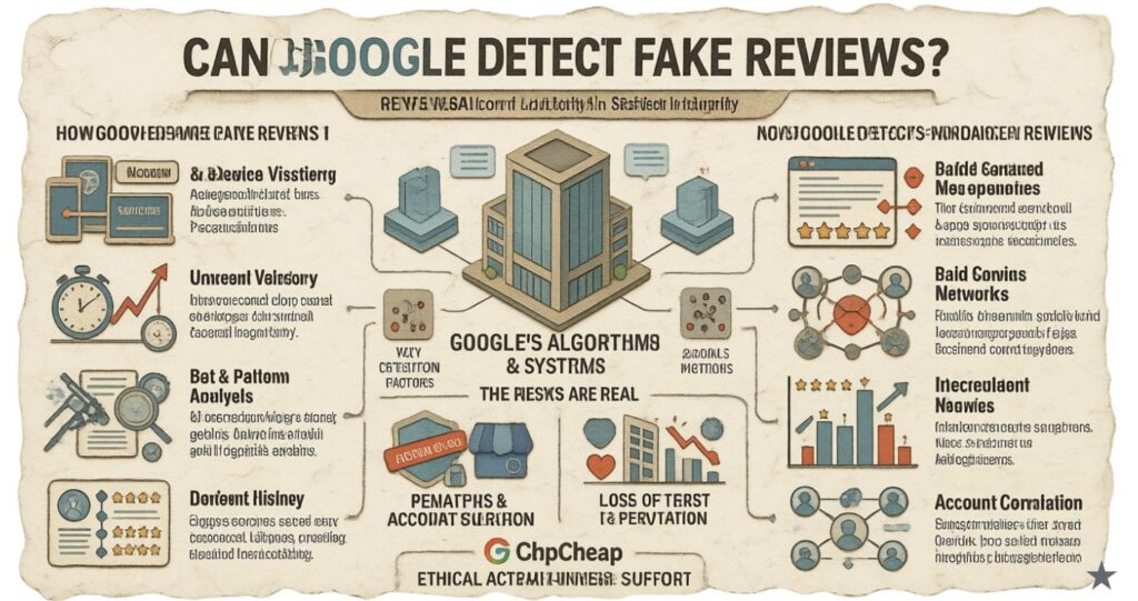 Can Google Detect Fake Reviews? Understanding the Risks to Your Business 2 Infographic explaining how Google detects fake and purchased reviews, including algorithm factors and risks of account suspension