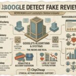 Infographic explaining how Google detects fake and purchased reviews, including algorithm factors and risks of account suspension