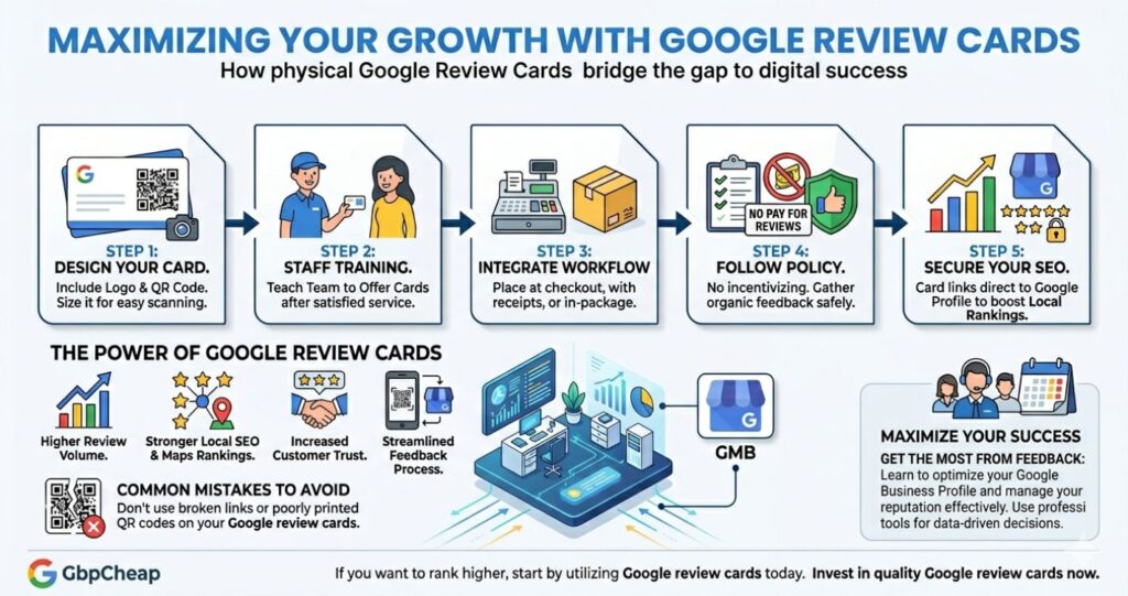 Why Google Review Cards Are Your Secret Weapon for Local SEO 2 Infographic showing five steps to maximize business growth using Google review cards for local SEO and reputation management