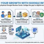 Infographic showing five steps to maximize business growth using Google review cards for local SEO and reputation management
