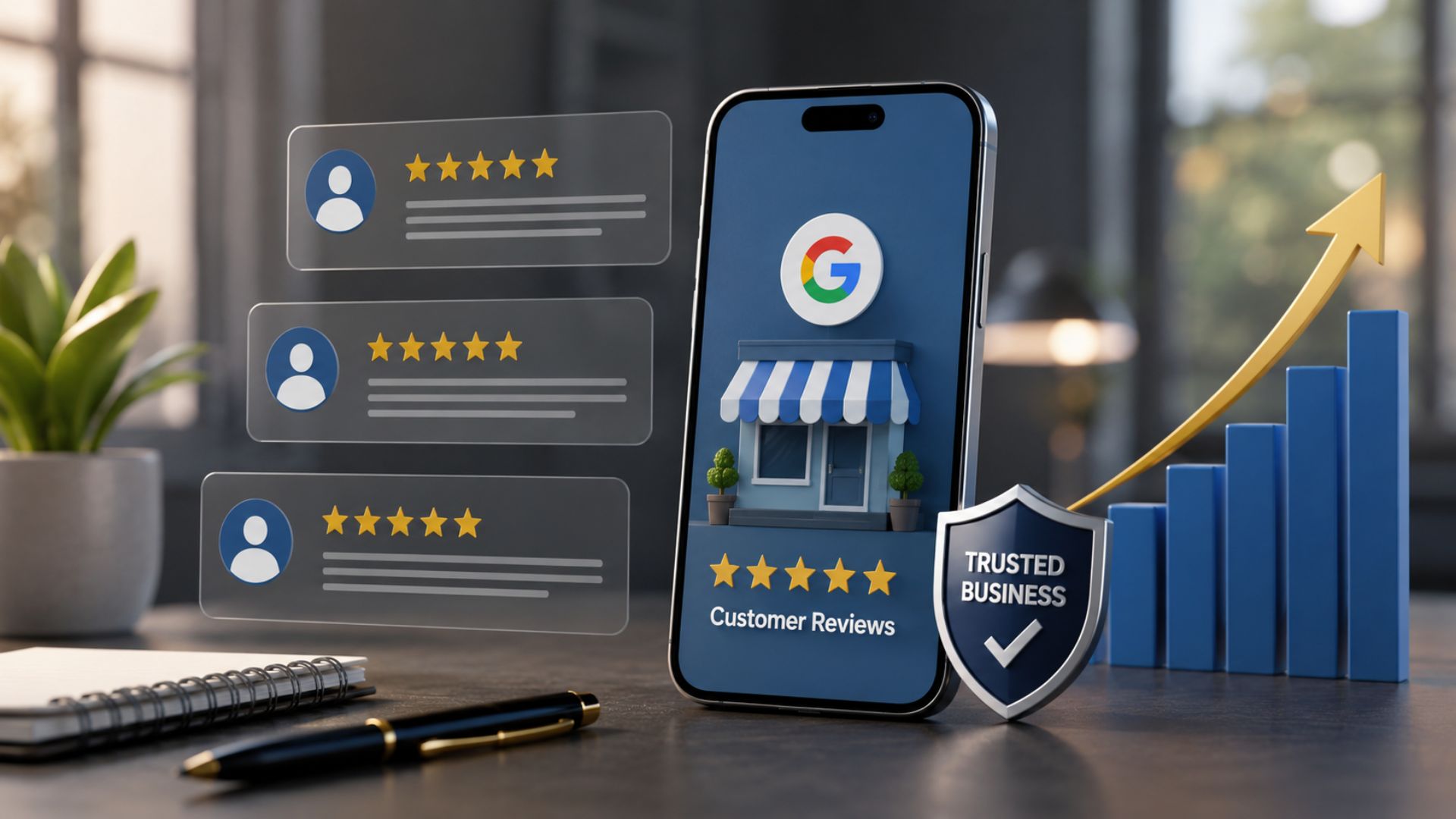 Professional Google Business Profile reputation management concept featuring customer review ratings, trusted business verification, local SEO growth chart, and online business credibility enhancement.